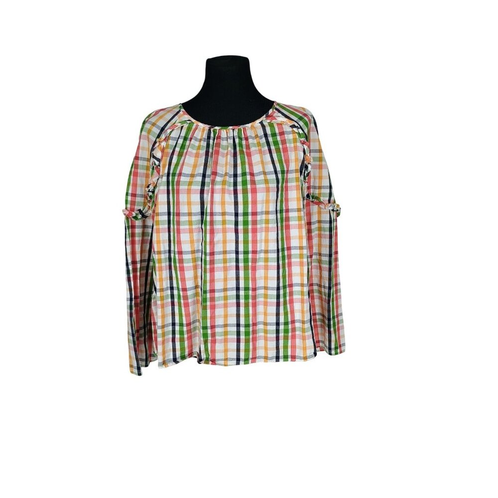 Crown & Ivy Curvy Womens 2X Plaid Ruffle Shoulder Blouse Multi-Color Long Sleeve